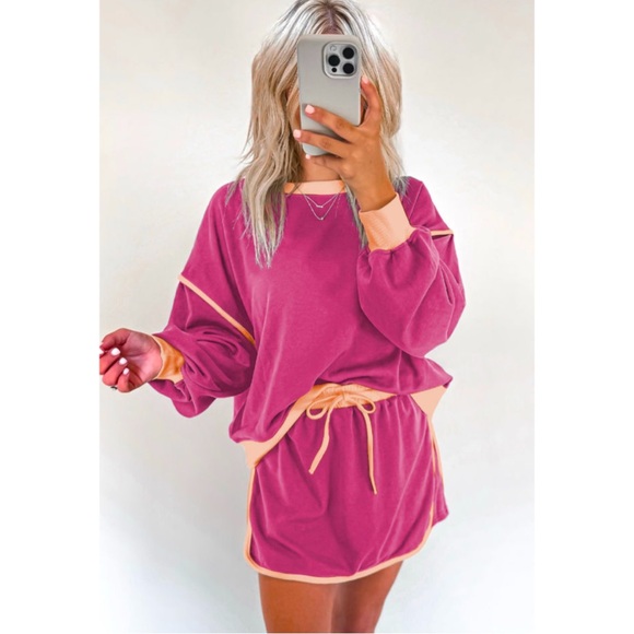 Rose Color Contrast Loose Pullover and Skort Set - Picture 3 of 5